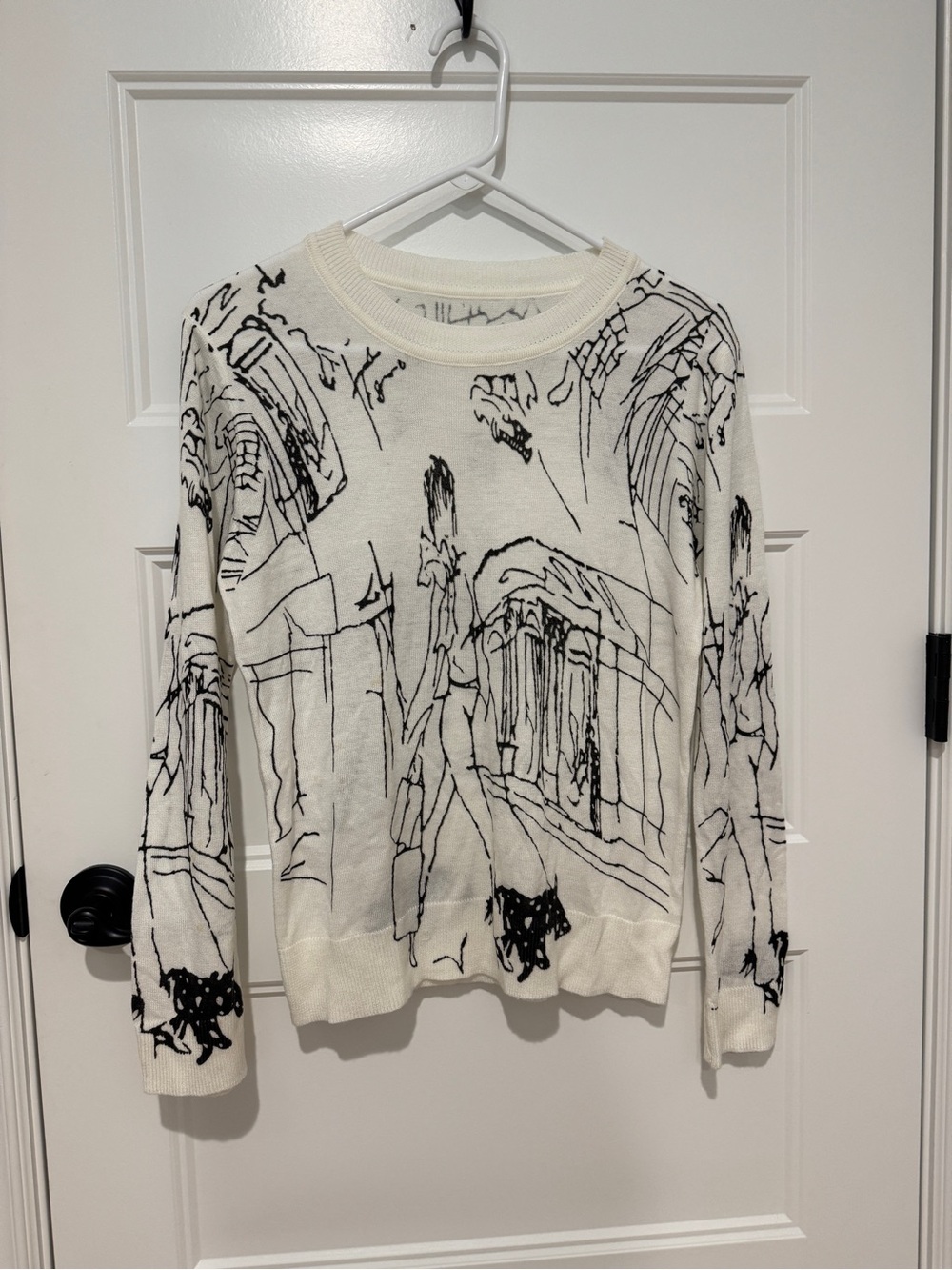 Women's White Crewneck Sweater with Black Sketch Print